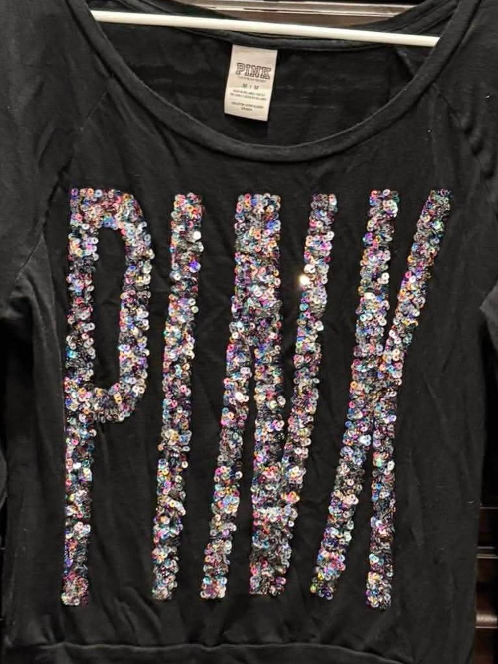 PINK Victoria's Secret Black Long-Sleeve Sequin Logo Tee MEDIUM - Picture 3 of 5